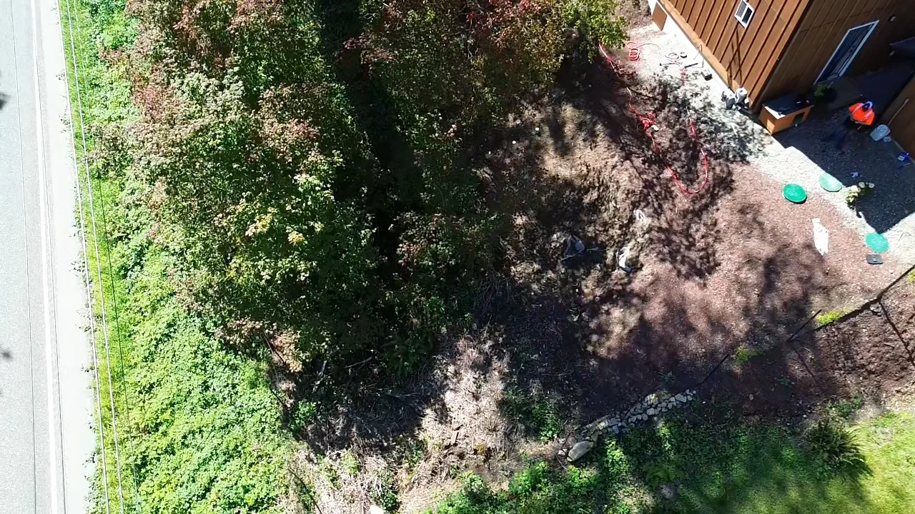 Aerial view before — overgrown slope and brush along roadside