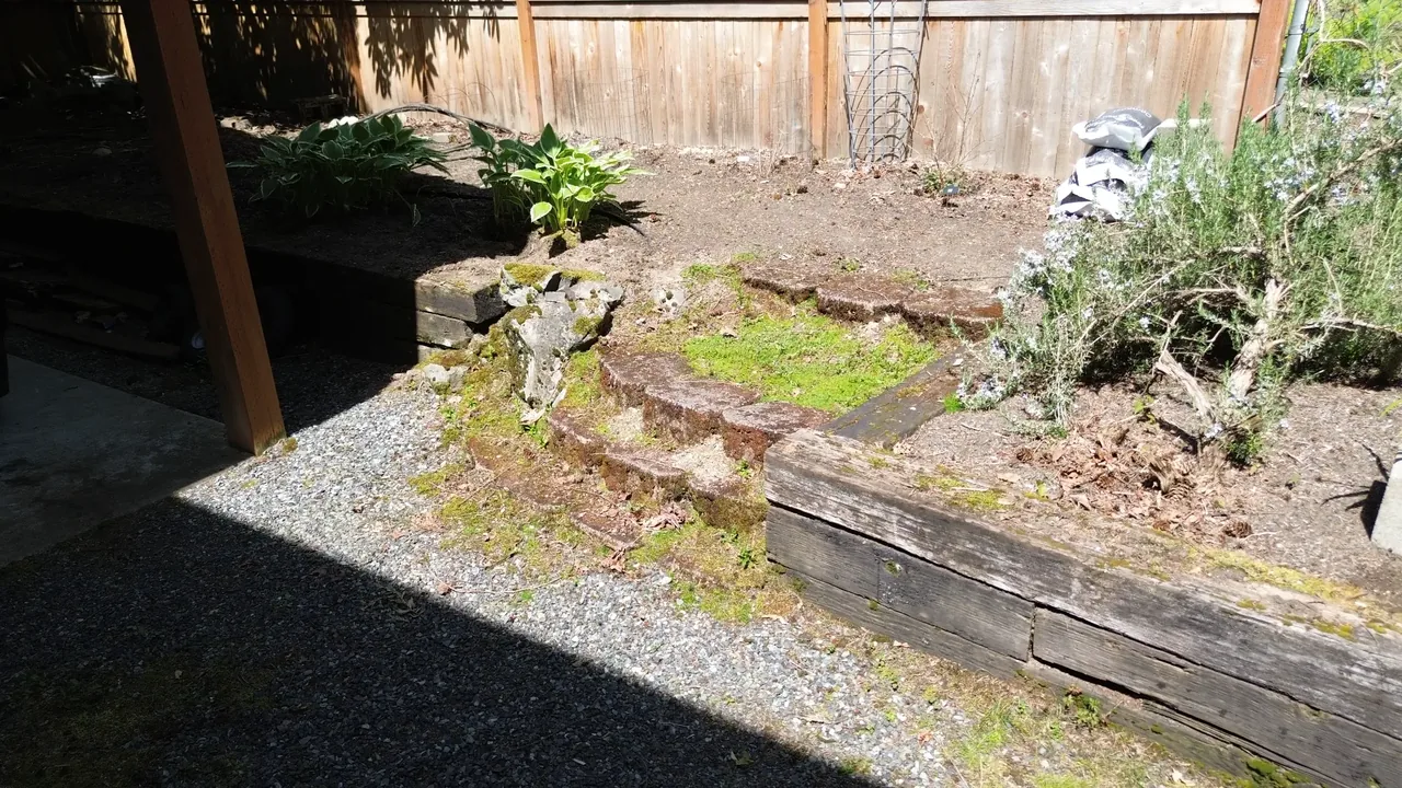 Before — mossy crumbling timber steps and old rock wall