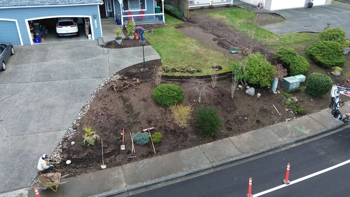 Corner lot before — overgrown slope, no structure